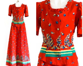 Red two piece corduroy novelty print outfit with tailored top and long skirt