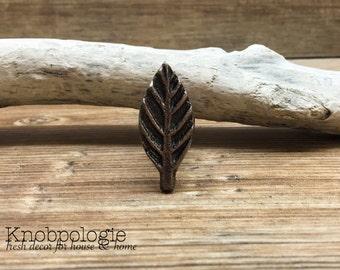 Leaf Knob - Small Cast Iron Metal Knob - Decorative Drawer Pull - Tree Leaves - Cabinet Kitchen Decor - Natural Bronze