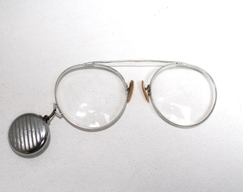 Antique 10K White Gold Pince Nez Frames Eyeglasses // 1800s Victorian Optical Spectacles With Retractable Brooch // 19th Century