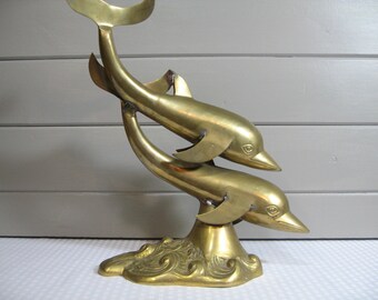 Brass Dolphin Sculpture, Large Brass Figurine, Beach Decor, Dophin Art