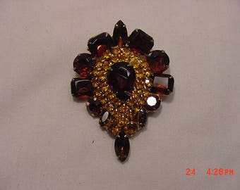 Vintage Amber & Gold Rhinestone Tear Drop Brooch 17 - 1355