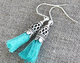 Aqua Tassel Earrings with decorative cap, boho earrings, tassel jewelry, mala tassel, boho earrings, bohemian earrings, boho jewelry