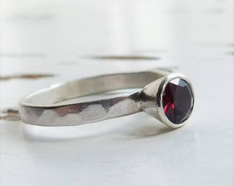 Garnet Ring, Solitaire Ring, Sterling Silver Stacking Ring, Silver Garnet Ring, January Birthstone, 925 Silver, Garnet Solitaire, Size O