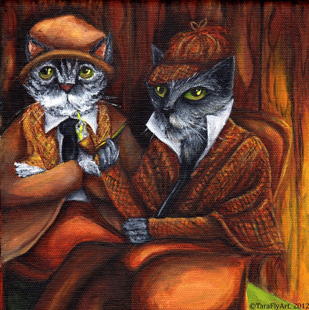 Sherlock Holmes and Watson Cat Detectives in Study 8x10 Fine