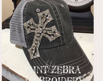 Black Distressed Trucker Hat Rhinestone Cross Rhinestone Cross baseball hat distressed trucker cap