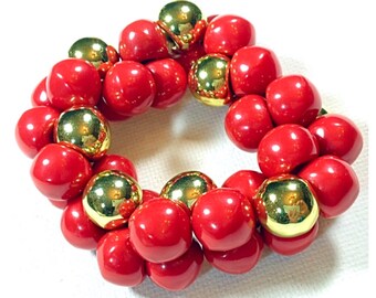 Lucite Cherry Red and Gold Bead Stretch Bracelet
