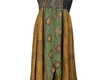 Boho Chic Gypsy Hippie Halter Dress Vintage Recycled Printed Silk Sari Two Layer Summer Sundress