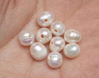20 pcs 7-8mm freshwater pearl, large hole pearl, beads, loose, semi baroque, natural pearl, white, 0.7-2.0mm hole