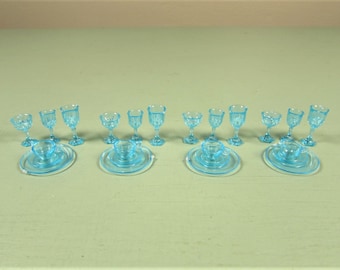 Miniature Aqua Dish Set - Vintage Doll House Water Wine Glass Goblet Cup Saucer Plate