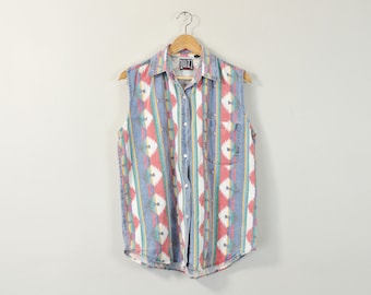 Sleeveless Denim Blouse, Vintage 90s Blouse, 90s Southwestern Blouse, 90s Print Tank Top, Faded Denim Shirt, Oversized Sleeveless Oxford