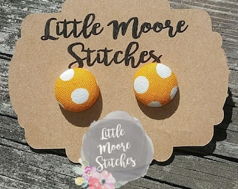 Orange & White Polka Dot Fabric Button Earrings