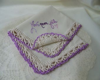 Love Never Fails, Ladies handkerchief, Ladies Hanky, Ladies Hankie, Inspirational, Hand Crochet, Lace, Lavender, Purple, Ready to ship