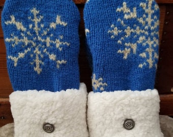 Warm Cozy Wool Sweater Mittens Handcrafted Handmade Upcycled Reclaimed Recycled Blue and Off White