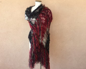 Red Romantic Shawl Stevie Nicks Shawl Green, Black and Red Shawl w Maroon Burgundy Wine Fringe Shawl Wrap Knit Accessories
