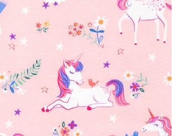 Unicorns and Rainbows on Pink from Robert Kaufman's Happy Little Unicorn Collection