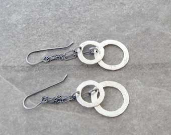 silver drop earrings, metalwork jewelry, minimalist earrings, sterling ear wires, fine silver rings, mixed metal earrings
