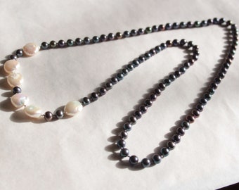 Long knotted grey round and white coin pearl necklace