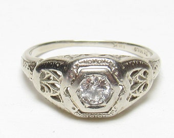 14K White Gold 0.23 Ct European Cut Diamond Filigree Ring 1930's Vintage