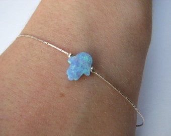 Blue Opal Hamsa Bracelet, Hand Charm on Sterling Silver Chain