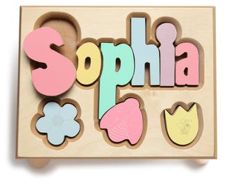 Flower and Lady Bug Theme Name Puzzle Stool, Custom Name Puzzle Stool, Baby Gift, Nursery, Wooden Name Puzzle Stool, Baby Gift, Wooden Stool