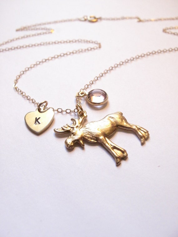 Gold Moose Charm Necklace // Initial Necklace // Birthstone