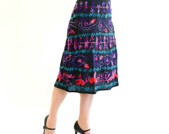 Embroidered skirt Egwene A-shaped, turquoise, pink, purple, one of a kind
