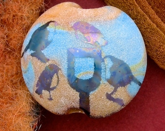 Handmade Lampwork Focal Bead "Birds in the Garden" SRA Sandblasted Glass ~ Iridescent Lustre Picture Bead ~ Sky & Aqua
