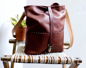 Women's Leather Tote, Leather Crossbody Market Bag, Market Tote, Leather Satchel: The TOM TOM TOTE in Cognac Brown Leather by Awl Snap