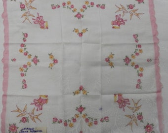 Vintage Hankie Never Used 1950's Bird and Floral Design