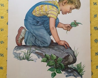 Vintage Lithograph Print, "God Made All Things" by Charlotte Ware, Kindergarten Teaching Picture, 1960's