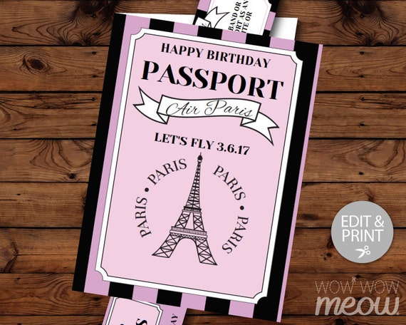 PARIS Birthday Invitation Passport Plane Ticket Invite Eiffel