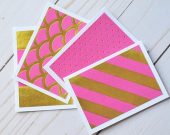 Pink and Gold Mini Cards // Set of 4 // Blank Cards // Gold Foil // Enclosure Cards // Love Notes // Advice Cards // Gift Tag