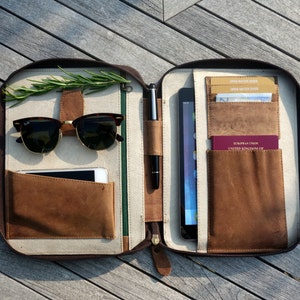 LEATHER TRAVEL WALLET Personalized (medium) (brown tan) iPad Mini Kindle folio passport holder document organiser organizer portfolio cover