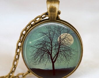 Moon and shooting star necklace teal turquoise , harvest moon necklace, shooting star wish pendant, tree and moon jewelry