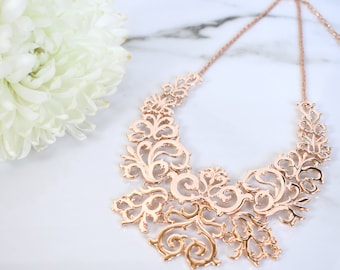 Rose Gold Necklace, Rose Gold Filigree Necklace, Statement Necklace, Bib Necklace, Choker Necklace, Metal Necklace, Fashion Necklace