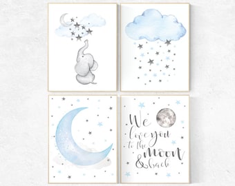 Blue Gray Nursery Art, nursery decor elephant, nursery decor boy cloud, we love you to the moon and back, blue and gray elephant nursery