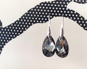 Crystal Silver Night Swarovski Earrings, Sterling Silver, Drop earrings,Tear drop shape, Sparkly, thehappylittlebeader