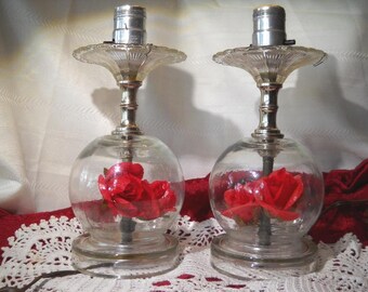 Vintage Glass Globe Table Lamps with Plastic Flowers Inside