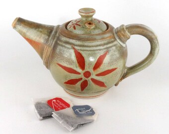 Stoneware Teapot - 24 oz. - Pottery teapot - Ceramic teapot - Perfect for Serving Tea - Sage Green Teapot with Sunburst -