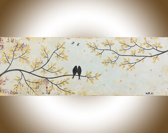 Abstract painting Neutral art love birds original artwork canvas art canvas painting home decor wall art shabby chic "Vintage Love"