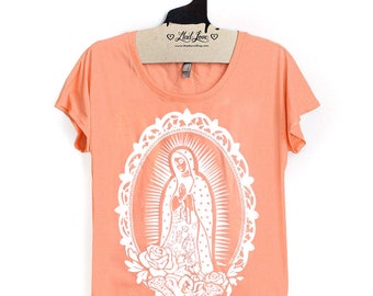 Small- Tri-Blend Peach Dolman Tee with Our Lady Screen Print