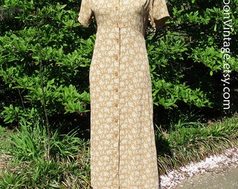 Vintage BOHO DRESS, Rayon GAUZE, Button-Down Midi, Ditzy Floral Grunge Dress, 90s does 30s, Golden Yellow Tan, Hippie Chic, April Cornell, S