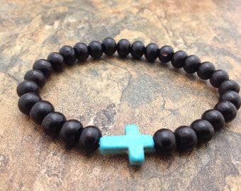Turquoise Cross Bead with Rosewood Beads Stretch Mala Bracelet