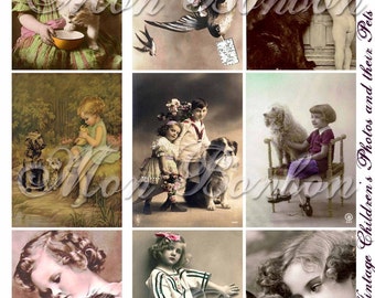 Digital Download of 9 Vintage Children and their Pets Collage Sheet ATC sized 2.5 x 3.5 - INSTANT DOWNLOAD