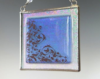 Sapphire Blue Fused Glass Suncatcher Light Catcher Scrollwork