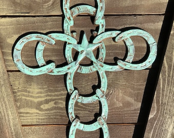 Mint green wash Horseshoe Cross - Wall Cross Decor - Western Iron Cross - Rustic Horseshoe Cross - Star Cross - Metal Cross