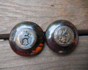 Vintage 1950s to 1960s Tortoise Shell Looking/Plastic No Shanks Set of Two/2 Pair Buttons Repurposing Coat of Arms Crest