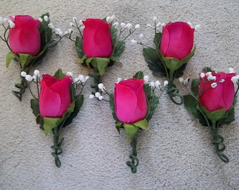 Set of Six Hot Pink Rosebud Bouttonieres