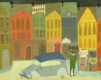 The cat family in York. Limited edition print by Matte Stephens.