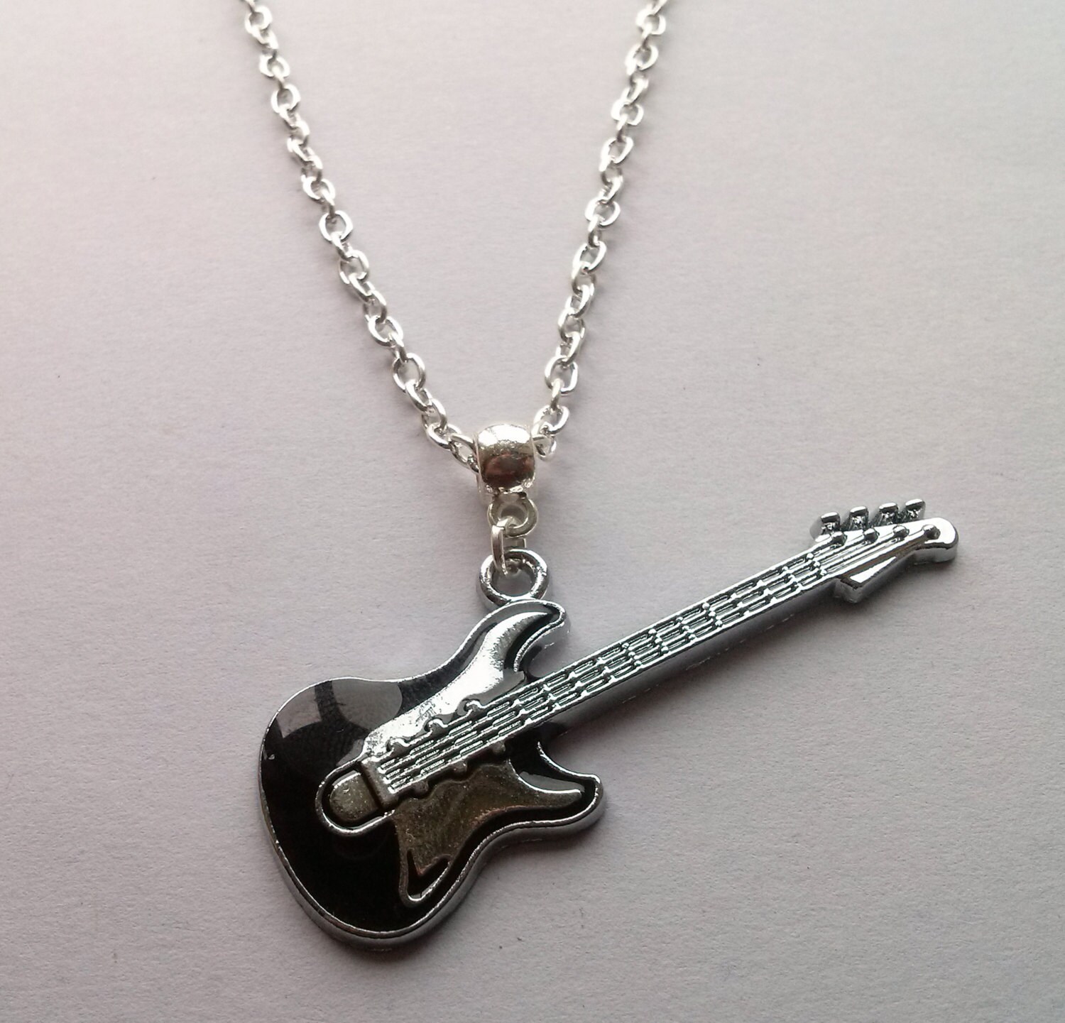 Long Silver Guitar Necklace Electric Guitar Necklace Bass